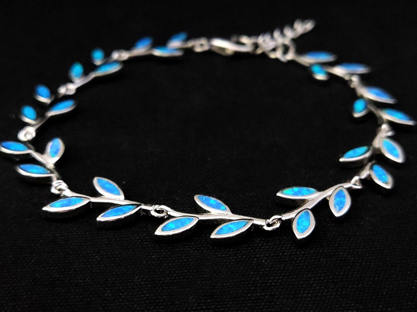 Greek Leaf Leaves Blue Opal Silver Bracelet