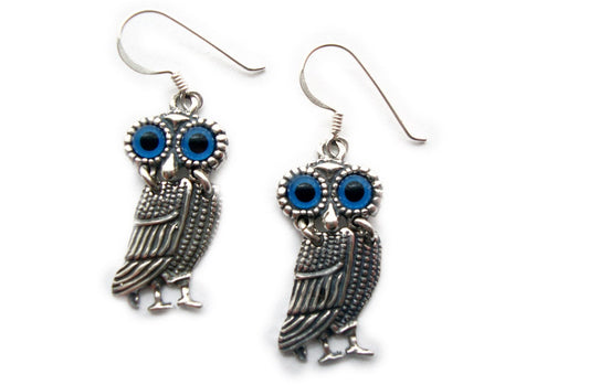 Sterling Silver 925 Ancient Greek Goddess Athena's Owl Dangle Boucles d'oreilles, Griechische Ohrringe Eule, Boucles d'oreilles Hibou Bijoux Grecque