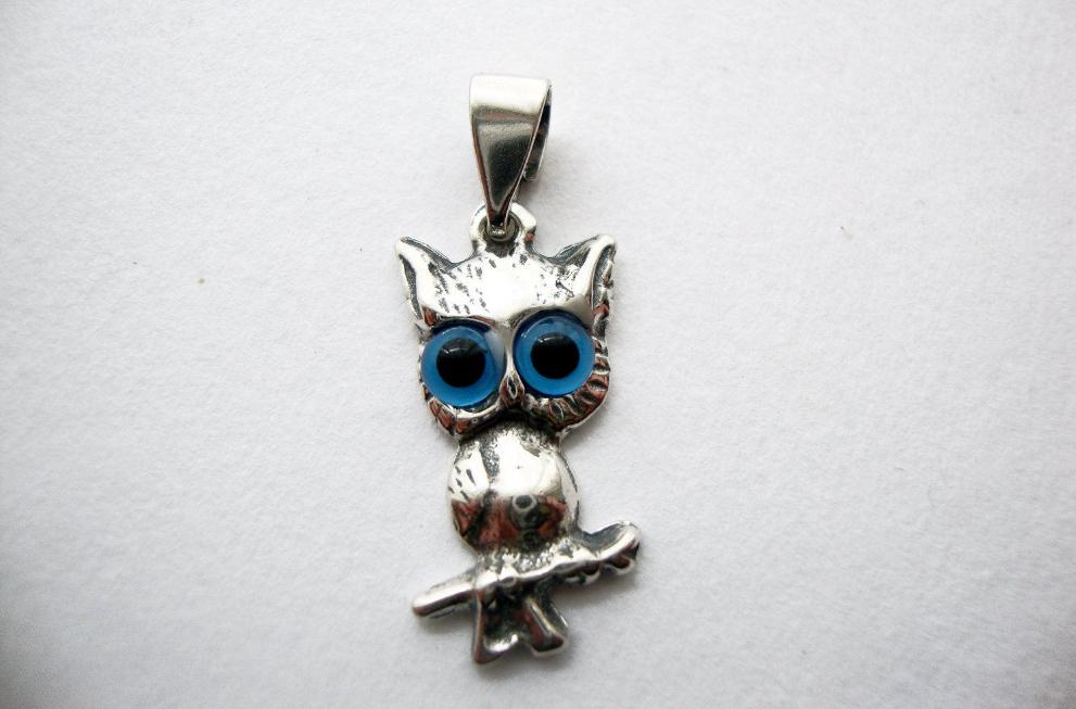 Silver Greek Pendant, Athena's Wise Owl & Blue Evil Eye Good Luck Charm, Jewelry From Greece, Small Owl Pendant, Greek Jewellery Shop