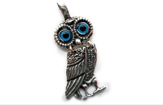 Sterling Silver 925 Dangle Earrings featuring Athena and Owl symbolism, 13mm width, handcrafted in Greece.