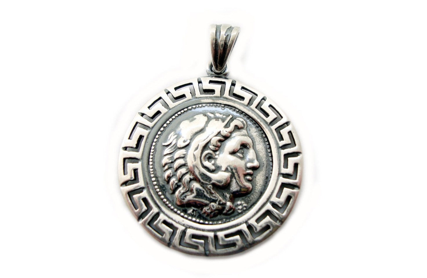 Handcrafted Sterling Silver 925 Pendant featuring an Alexander the Great coin within a Greek Key Meandros frame. Diameter: 29mm. Made in Greece.