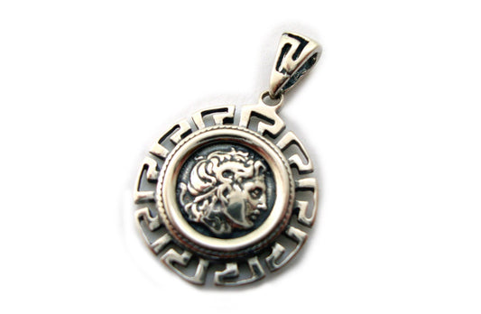 Greek Key Meandros frame pendant with Alexander the Great coin, Sterling Silver 925, 22mm diameter.
