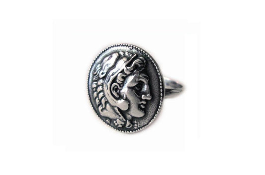 Image of a Sterling Silver 925 ring inspired by Alexander The Great, showcasing intricate design and craftsmanship, with hallmarked 925 authenticity. Ring diameter: 19mm (0.74 inches).