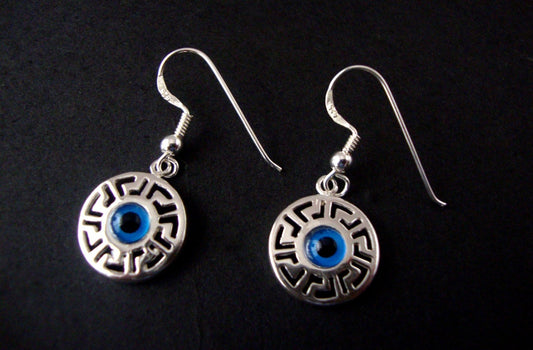 Sterling Silver 925 Greek Eternity Meander Key Evil Blue Eye Dangle Earrings, Evil Eye Silver Earrings, Griechischer Silber Ohrringe, Mati