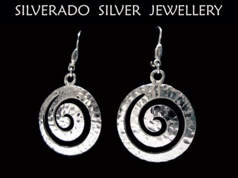 Sterling Silver 925 Ancient Greek Infinity Spiral Key Hammered Dangle Earrings 28 mm