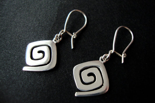 Sterling Silver 925 Ancient Greek Eternity Key Square Spiral Dangle Fine Earrings, Griechischer Silber Ohrringe, Bijoux Grecque, Meander Key