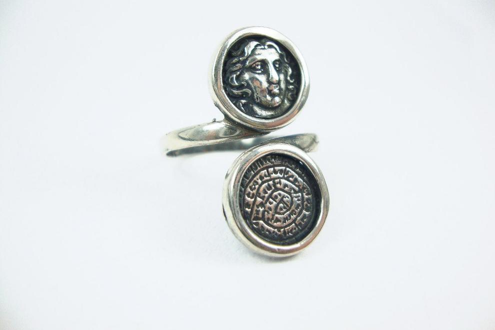 Argent sterling 925 Dieu grec antique Helios Coin &amp; Minoan Phaistos Disc Ring US 10 FR 62