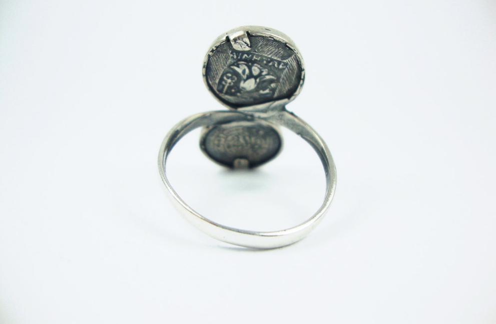 Argent sterling 925 Dieu grec antique Helios Coin &amp; Minoan Phaistos Disc Ring US 10 FR 62